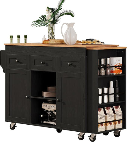 JIJIWANG 85.5" Kitchen Island with Extendable Dining Table for 4-6, Kitchen Storage Table with Cabinets and 3 Side Open Shelves, Rolling Island with Power Outlet, 3 Drawers and 2 Doors Black