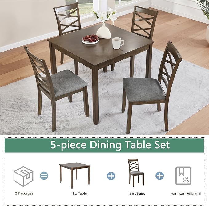 5-Piece Wooden Dining Table Set for 4, Modern Square Dining Room Table and Chairs Set of 4, Dining Table Set for 4 People for Kitchen and Dining Room, Walnut