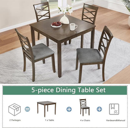 5-Piece Wooden Dining Table Set for 4, Modern Square Dining Room Table and Chairs Set of 4, Dining Table Set for 4 People for Kitchen and Dining Room, Walnut