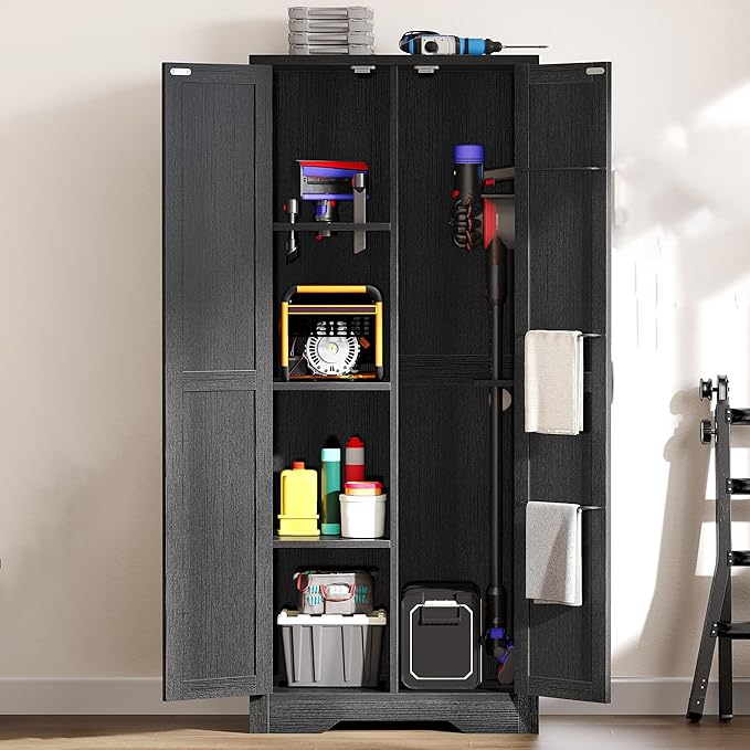 DWVO Wooden Storage Cabinet, Vacuum Cleaner Storage Compatible with Dyson Models, Utility Stand for Brooms and Mops, Cleaning Tool Cabinet with Doors for Garage