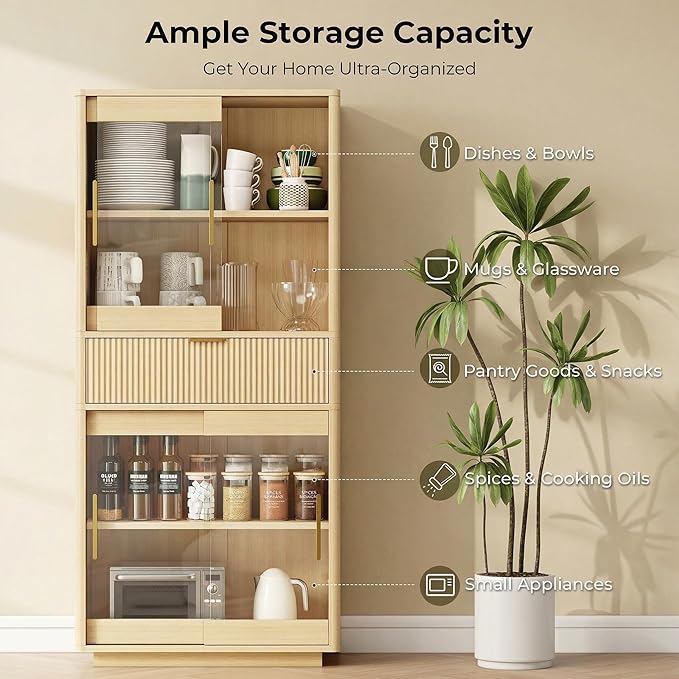 IRONCK Fluted Kitchen Storage Cabinet with Sliding Glass Doors, 69" Tall Modern Farmhouse Cabinet with Drawer and Adjustable Shelves, Freestanding Cupboard for Kitchen, Dining Room, Living Room, Oak