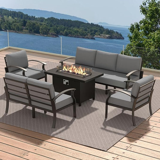 Metal Outdoor Patio Furniture Set for 7,Aluminum Patio Sectional Set w/Propane Fire Pit Table,Outside Furniture w/Removable Sponge Cushion for Porch, Balcony, Yard,Gray