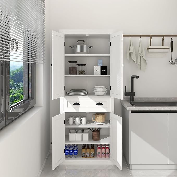 RASOO 70.87" Hutch Cabinet with Storage Freestanding White Pantry Storage Cabinet with 1 Drawer and 4 Doors, 3 Adjustable Shelves Inside of The Buffet Cabinet