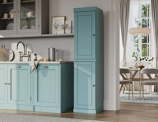 Palace Imports Solid Wood Kitchen Pantry - Narrow Storage Cabinet - Raised Panel Doors, Adjustable Shelves, Aqua, 16.5" Wide x 71.5" Tall, 100% Eco-Friendly Wood, Modular Pantry Cabinet Systems