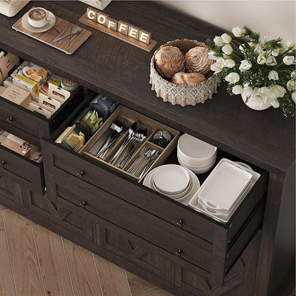 HOSTACK 55" Coffee Bar with 4 Large Drawers, 40" Tall Buffet Cabinet with Storage, Kitchen Storage Cabinet, Modern Farmhouse Sideboard Buffet, Adjustable Shelves for Living Room, Dark Brown