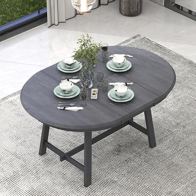 BROVAVE 57" Extendable Island Table, Rustic Dining Table with Retro Farmhouse Style, Mid Century Dining Table with Rubber Wood Legs for Family Gatherings, Gray
