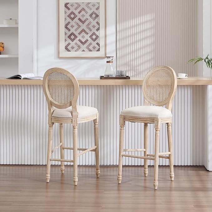 French Country Bar Chairs Set of 2, 30 Inch Upholstered Counter Stools with Natural Rattan Round Back, Solid Wood Frame & Cotton Linen for Kitchen Island, Dining Room, Bistro, Beige