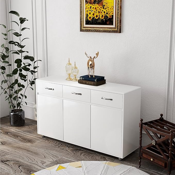 RASOO Buffet Kitchen Cabinet Storage Sideboard Cabinet Cupboard Sideboard Buffet Kitchen Room (White -3 Doors and 3 Drawers)