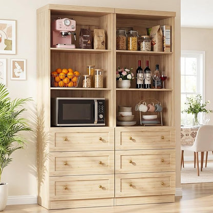 Cyclysio 80" Kitchen Pantry Cabinet with 3 Drawers, Tall Storage Cabinet Wood Food Pantry with Thickened Top Panel and Adjustable Shelves, Versatile Cupboard for Kitchen, Dining Room (2, Natural)