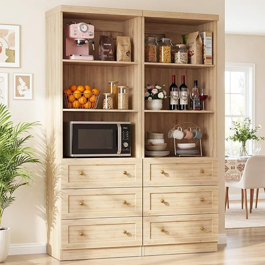 Cyclysio 80" Kitchen Pantry Cabinet with 3 Drawers, Tall Storage Cabinet Wood Food Pantry with Thickened Top Panel and Adjustable Shelves, Versatile Cupboard for Kitchen, Dining Room (2, Natural)
