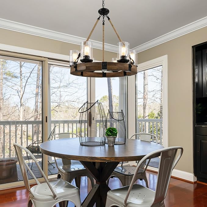 Farmhouse Wood Chandelier, Round Wagon Wheel Light Fixture with Seeded Glass Shades & Hemp Rope for Dining Room, Living Room, Bedroom, Kitchen Island, and Foyer