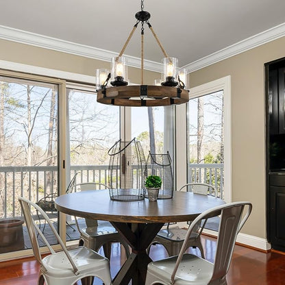 Farmhouse Wood Chandelier, Round Wagon Wheel Light Fixture with Seeded Glass Shades & Hemp Rope for Dining Room, Living Room, Bedroom, Kitchen Island, and Foyer