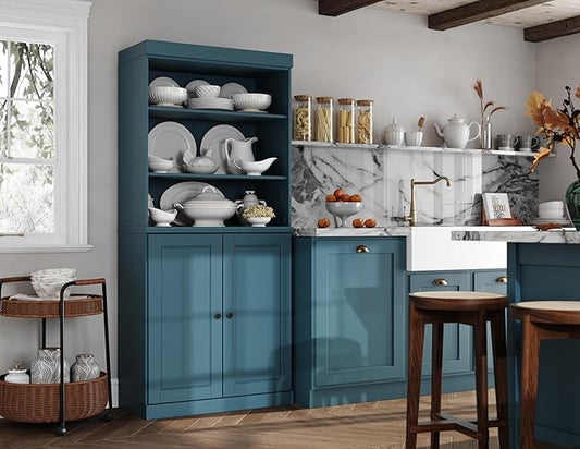 Palace Imports 100% Solid Wood Kitchen Pantry w/ 2 Wood Doors, Teal Blue, 32" w x 71.5" h, Renewable Eco-Friendly Pine, Made in Brazil