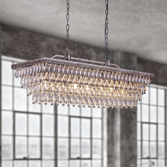 Wellmet Dining Room Crystal Chandelier, 40 Inch Antique Silver Rectangle Chandeliers 7 Lights 4 Tiers Farmhouse Ceiling Hanging Light, Vintage Large Light Fixtures for Kitchen Island, Living Room