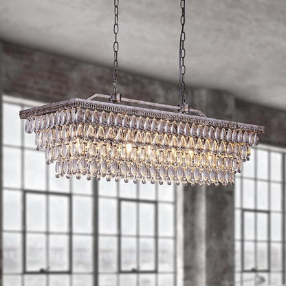 Wellmet Dining Room Crystal Chandelier, 40 Inch Antique Silver Rectangle Chandeliers 7 Lights 4 Tiers Farmhouse Ceiling Hanging Light, Vintage Large Light Fixtures for Kitchen Island, Living Room