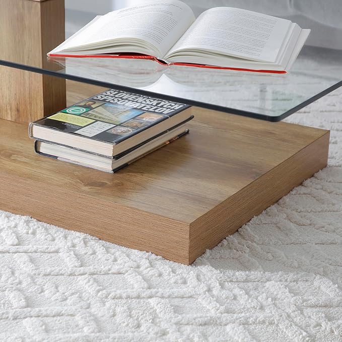 Glass Coffee Table with Storage, 44 Inch Rectangular Coffee Tables for Living Room, 3-Tier Tempered Glass Wooden Center Table Modern Accent Cocktail Table for Home Office (Wood)