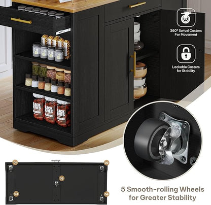 DWVO Large Kitchen Island with Trash Can Cabinet, 53 Inch Kitchen Island on Wheels, Rolling Island with Tilt-Out Garbage Storage Fits 13 Gallon Bin, Spice Rack and Drawer, for Dining Room, Black