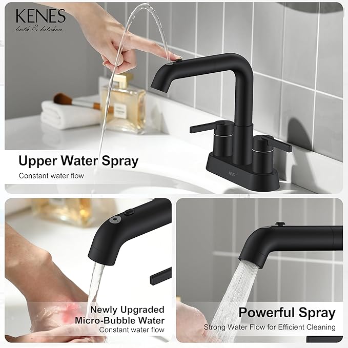 KENES Matte Black Centerset Bathroom Faucet with Pull Down Sprayer, 4 Inch 2 Handle Pull Out Bathroom Faucet 3 Hole, Bathroom Sink Faucet with Pop Up Drain & Supply Lines LJ-9059A-2