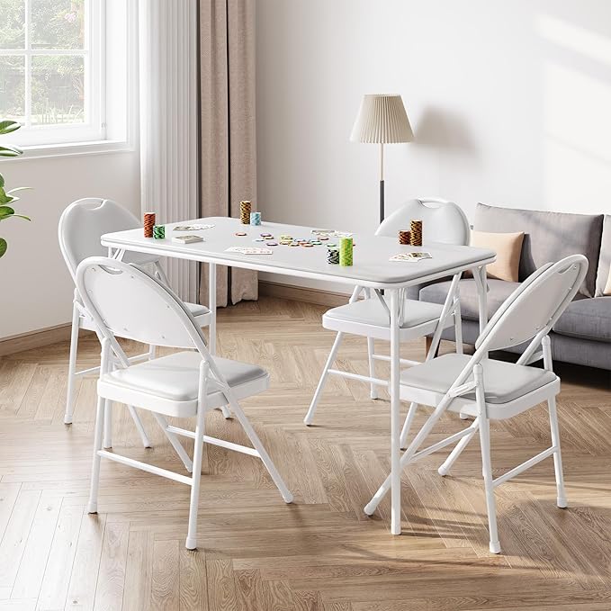 IDEALHOUSE 4 Feet Folding Table, Protable Foldable Card Table, Metal Legs Support, Upholstered PU Leather Tabletop, Heavy Duty, No Assembly Required, Perfet for Indoor and Outdoor, Gray