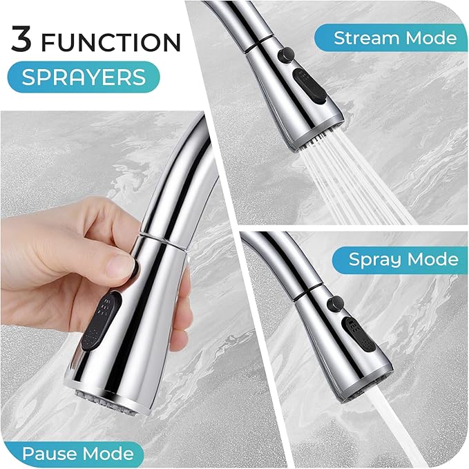 Pull Down Kitchen Faucet with Soap Dispenser - Polished Chrome Single Handle Kitchen Faucets, High Arc Stainless Steel Pull Out Kitchen Sink Faucet with Deck for RV Laundry Farmhouse Bar