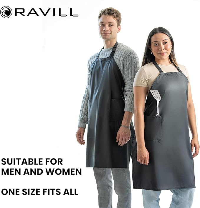 Ravill Waterproof Apron For Men and Women - 2 Pockets - 35" Long Multi Purpose Work Aprons for Dishwashing, Dog Grooming