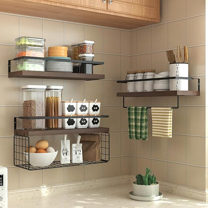Wood Floating Shelves Wall Mounted - 3+1 Tier Rustic Bathroom Shelves Over Toilet with Wire Storage Basket &Towel Bar, Set of 3 Farmhouse Floating Shelf for Bathroom,Kitchen,Bedroom,Dark Brown.