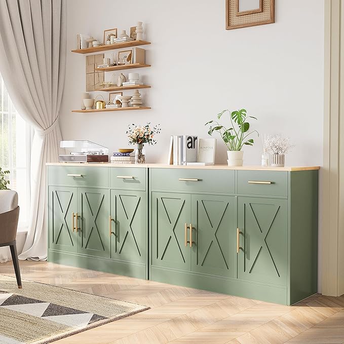 Shintenchi 3 Doors Farmhouse Sideboard Buffet Cabinet,42" Barn Doors Buffet with Storage,Wood Coffee Bar Cabinet with Adjustable Shelf for Kitchen,Living Room,Green