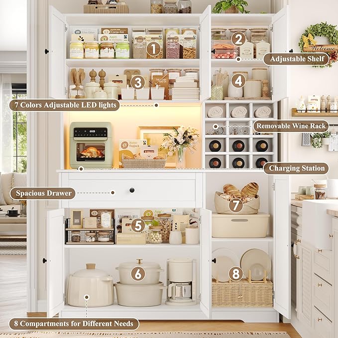 FINETONES Pantry Cabinet with 7-Color LED Light and Charging Station, 71" Tall Kitchen Pantry Cabinet with Microwave Stand, Modern Kitchen Hutch with Storage Drawer for Dining Room, White