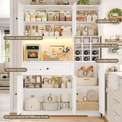 FINETONES Pantry Cabinet with 7-Color LED Light and Charging Station, 71" Tall Kitchen Pantry Cabinet with Microwave Stand, Modern Kitchen Hutch with Storage Drawer for Dining Room, White