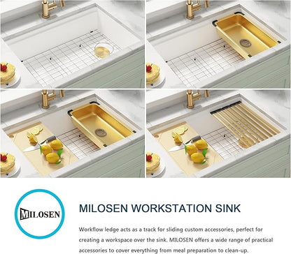 MILOSEN White Undermount Kitchen Sink, 23×18 Inch Wet Bar or Prep Sink, Granite Composite 9 Inch Workstation Sinks, Deep Under Counter Single Bowl Utility Sinks With Accessories