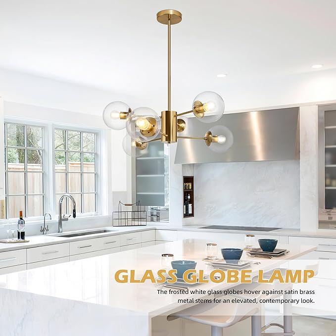 Bagood 6-Light Globe Sputnik Chandelier Modern Gold Sputnik Chandelier Mid Century Pendant Light Brushed Brass Finished with Clear Globe Glass Lampshade Chandeliers for Dining Room Kitchen