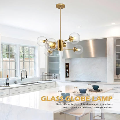 Bagood 6-Light Globe Sputnik Chandelier Modern Gold Sputnik Chandelier Mid Century Pendant Light Brushed Brass Finished with Clear Globe Glass Lampshade Chandeliers for Dining Room Kitchen