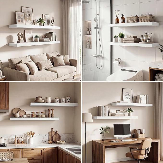 Dreamland 30 Inches Floating Shelves for Wall, 9.3" Deep Long Floating Shelves Set of 2, Large Display & Storage Shelf, Wall Shelf for Bathroom Bedroom Living Room Kitchen Office, White