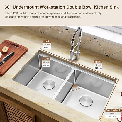 Kitsitchen Undermount Kitchen Sink, 16 Gauge T-304S Stainless Steel Workstation Sink, 50/50 Double Kitchen Sinks, 30" x 18" x 10" Large and Deep Handmade Kitchen Sinks with Accessories