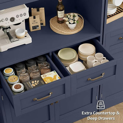 HOSTACK 71“ Tall Kitchen Pantry Storage Cabinet, Modern Kitchen Hutch Bar Cabinet with Microwave Stand, Wood Buffet Sideboard with Hutch, Cupboard with Drawers, Shelves for Dining Room, Blue