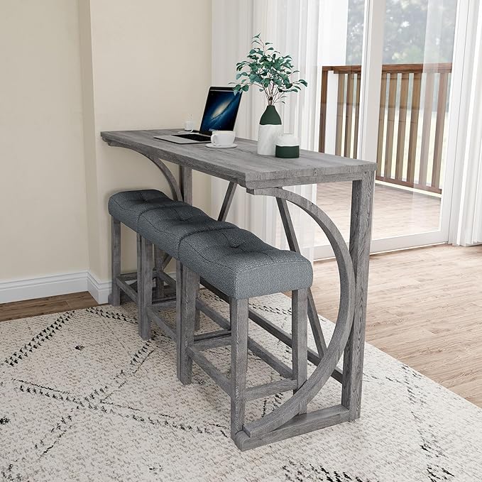 HABITRIO Bar Table and Chairs Set, 4 Piece Kitchen Table Set with Power Outlet, High Top Table with 3 Fabric stools for Small Space, Dining Room, Gray