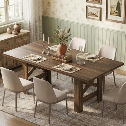 GarveeHome Dining Table for 6-8, 71" Long Large Wooden Farmhouse Kitchen Table with Thick Sturdy Frame, Rectangular Dining Room Dinner Table with Stable Triangular Legs for Kitchen,Office, Retro Brown