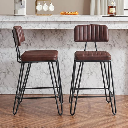 Bar Stools Set of 2, Counter Height Chairs with PU Leather Upholstery Metal Frame, Vintage Bar Chairs with Backrest Footrest for Kitchen Island, Dining Room, Home Bar, Brown