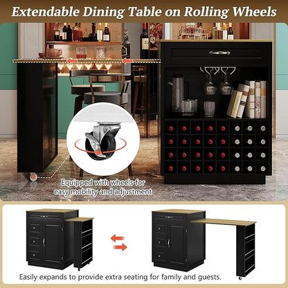 73” Kitchen Island with Extendable Dining Table, Multifunctional Wine Cabinet with 1 Door, 5 Drawers, Open Side Shelves, Wine Rack, Stemware Holder, Rolling Wheels, Chairs Not Include, Black+Natural