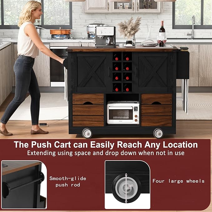 54" Farmhouse Kitchen Island Table with Drop Leaf, Power Outlet, Kitchen Storage Cart with 2 Doors, 2 Drawers, Rolling Kitchen Island on 4 Large Wheels with Spice Rack for Kitchen, Dining Room, Black