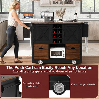 54" Farmhouse Kitchen Island Table with Drop Leaf, Power Outlet, Kitchen Storage Cart with 2 Doors, 2 Drawers, Rolling Kitchen Island on 4 Large Wheels with Spice Rack for Kitchen, Dining Room, Black