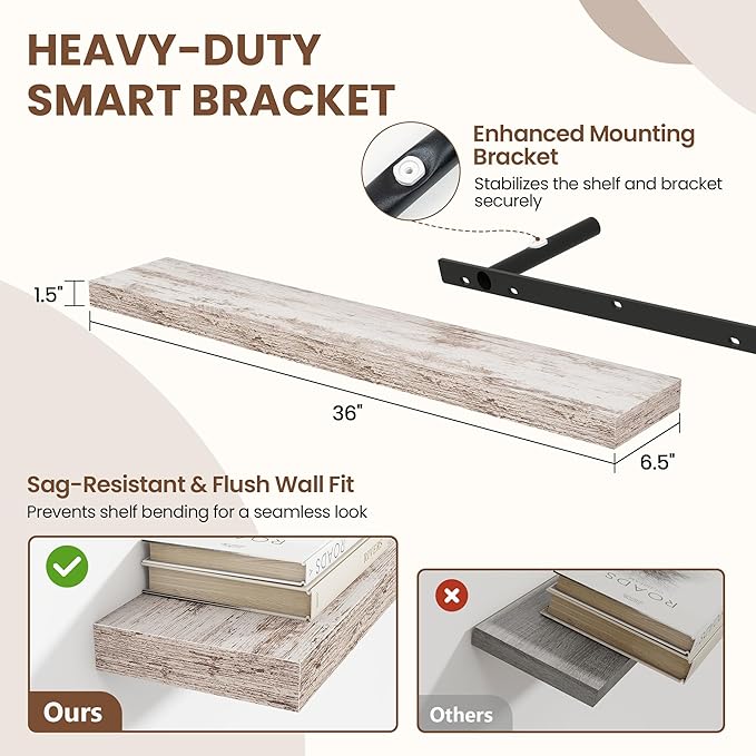 Acovy 36 Inch Floating Shelves for Wall 2 Pack, 36" Wall Shelves for Books, Storage, Decor, Wall Mounted Floating Shelf with Invisible Brackets for Kitchen, Living Room, Rustic
