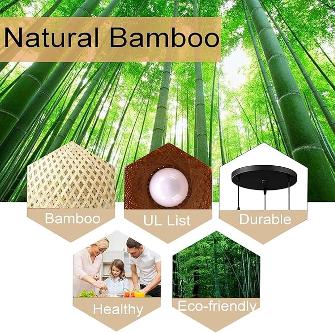 GXF Bamboo Pendant Light, 3 Headlights Retro Japanese Style E27 Natural Bamboo Chandelier Hanging Light Ceiling Lighting Fixture for Living Room Bedroom Restaurant Cafe Teahouse Bar Dining Room Club