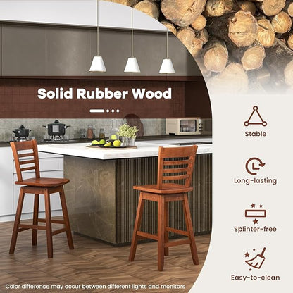 Giantex Wood Bar Stools Set of 2, 24.5" Swivel Counter Height Bar Stools with Slatted Hollow Back & Ergonomic Contoured Seat, Footrest, Farmhouse Wooden Barstools for Kitchen Island, Bar, Cafe, Walnut
