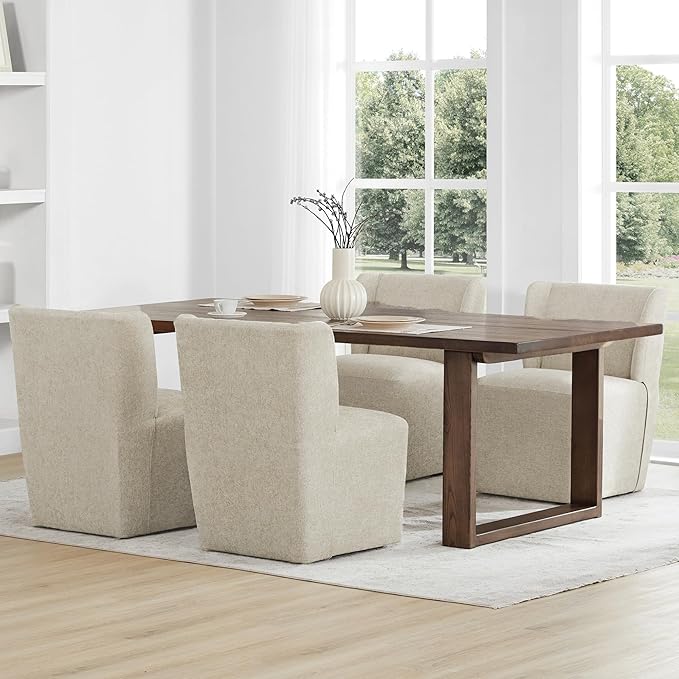 KISLOT Upholstered Dining Chairs Set of 4 with Casters, Wingback Modern Side Armless Deskchair with Rollers for Diningroom Bedroom Livingroom Reading Room, Sand Fabric