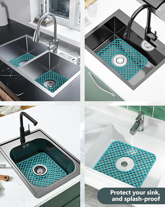 2 Pack Silicone Sink Protector for Kitchen Sink, Trellis Pattern 12 x 11" Sink Grid Mat Silicone Protectors, Center Drain, Green