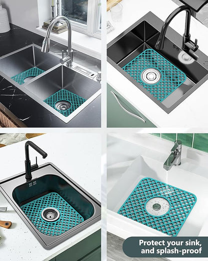 2 Pack Silicone Sink Protector for Kitchen Sink, Trellis Pattern 12 x 11" Sink Grid Mat Silicone Protectors, Center Drain, Green
