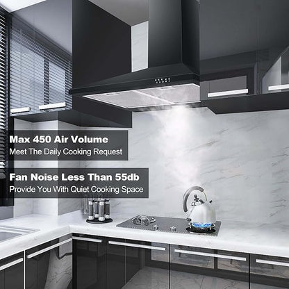SNDOAS Black Range Hood,Wall Mount Range Hood 30 inch,Stainless Steel Kitchen Hood with Ducted/Ductless Convertible,Stove Vent Hood,Aluminum Filters,3 Speed Exhaust Fan,LED Light,Button Control