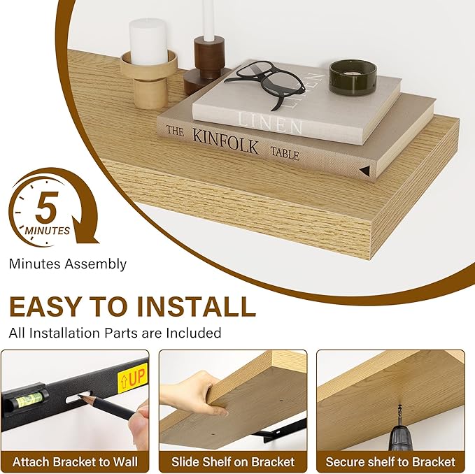 Fun Memories 72 Inch Floating Shelves for Wall, 8 Inch Deep Floating Shelf, Large Shelves with Invisible Bracket for Books|Storage, Rustic Wood Wall Shelf for Bedroom, Kitchen, Living Room, Oak