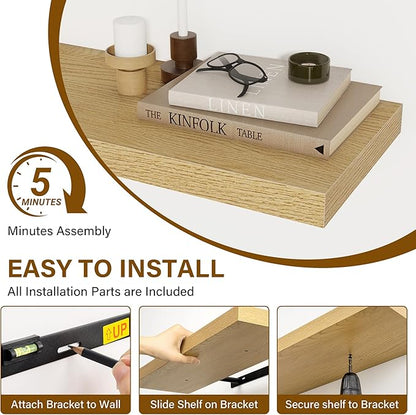 Fun Memories 55 Inch Floating Shelves for Wall 2 Pack Shelves for Bedroom|Kitchen|Bathroom Wall Mounted Rustic Wood Floating Shelf with Invisible Brackets for Books|Storage|Decor, Oak